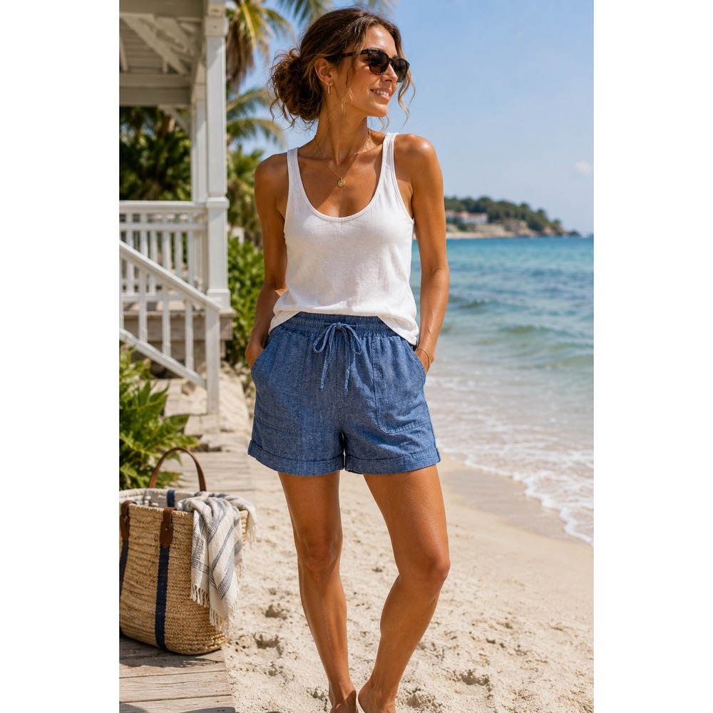 Coastal Linen Blend Chambray Drawstring Shorts Relaxed Resortcore XL